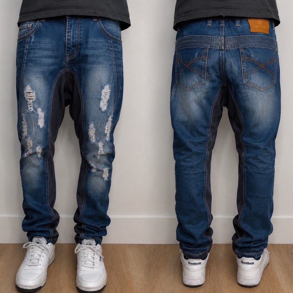 Highness Mens Distressed Drop Crotch Euro Jeans Blue Denim Streetwear Size 36